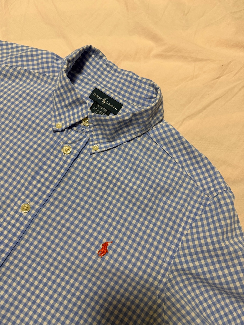 Ralph Lauren Blue & White Gingham Button-Down Shirt with Orange Polo Logo 18-20Y